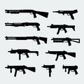 Set of silhouettes of modern shotguns and submachine-guns