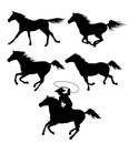 Set of black silhouettes of running horses and a cowboy with a l