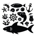 Set of black silhouettes of shark, fish, shrimp, shells and other sea animals and object icons isolated on white Royalty Free Stock Photo