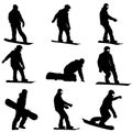 Set black silhouettes snowboarders on white background