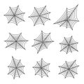 Set of black silhouettes of spider web. Spooky horror design decoration for Halloween party. Spooky background for October party