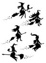 A set of black silhouettes of witches flying on a broomstick. A collection of silhouettes for Halloween. Mystical Royalty Free Stock Photo