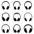 Set of black silhouttes of headphones, vector illustration Royalty Free Stock Photo