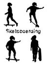 Set of black skate girl silhouettes. Skate trick ollie. Skateboarder is rides, pushes off the ground, jumping, standing Royalty Free Stock Photo