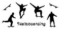 Set of black skateboarder silhouettes. Skate trick ollie. Grunge style textured text