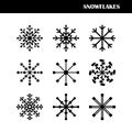 Set of black snow ice icons. Collection of snowflake design with geometric square shape on white background. Symbols of winter. Royalty Free Stock Photo