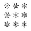 Set of black snowflakes icons in different styles. Design element for decoration Christmas card. Cartoon style.