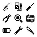 Set of black solid glyph icons for electronics repair and engineering Royalty Free Stock Photo