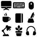Set of black solid glyph icons for office and workspace essentials Royalty Free Stock Photo