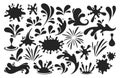 Set Of Black Splash Silhouettes With Droplets. Water Drop Shapes, Liquid Burst Splashes And Ink Blots With Drops Royalty Free Stock Photo