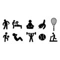 Set of Black Sports Icons. Vector Illustration Icons Yoga, Strength Training, Football Player, Banana, Tennis Racket, Tennis Ball Royalty Free Stock Photo