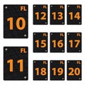 Set of black squares with orange numbers.