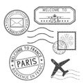 Set of black stamps. Postmarks and travel stamps- Welcome to France, Welcome to USA Royalty Free Stock Photo