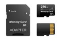 Set of black standard 256 gb digital sd memory cards front and back with gold contact with adapter for sd card on a white backgrou