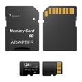 Set of black standard 128 gb digital sd memory cards front and back with gold contact with adapter for sd card on a white backgrou Royalty Free Stock Photo