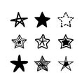 Set of black stars icons hand-drawn. Collection of star effect symbols scribble on white background. Simple design. Line doodle. Royalty Free Stock Photo