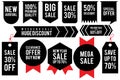 Set black sticker discount label templates with different percentages and red ribbon