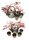 Set with black tea pot and sakura branch