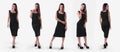 A set of a black tight dress on a girl in heels. Mockup of fashionable mid-length sundress, isolated on background, front, side,