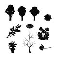 Set of black tree silhouettes branches of flying leaves of flowers on white isolated background