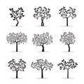 Set Black Trees with Leafs. Vector Illustration. Royalty Free Stock Photo