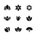 Set of black vector flower and plant icons isolated on white background