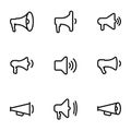 Set of black vector icon, isolated on white background, on theme Megaphones Royalty Free Stock Photo