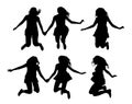 Set of black vector silhouettes of jumping girls isolated on white background
