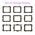 Set of black vintage frame silhouettes with holes. Blank borders of various shapes. Vector retro labels, elements