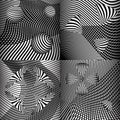 A set of black and white abstract backgrounds with optical illusion, with geometric 3D shapes