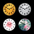Set of black and white alarm clock flat block icon design, classic vintage dial wall timer.