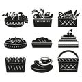 Set of black and white basckets with different food icons Royalty Free Stock Photo