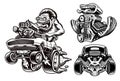 A set of black and white cartoon hot rod illustrations
