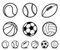 Set of black and white cartoon sports ball icons