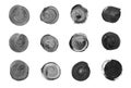 Set of black and white circles isolated on white background. Gray, black round watercolor shape for text.