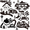 Set black and white composition with of different types transport, traffic signs, tree and other. Icon for your design