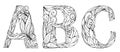 Set of black and white doodle letters with pattern. Alphabet