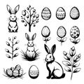 A set black and white drawings of Easter eggs, rabbits, and flowers Royalty Free Stock Photo