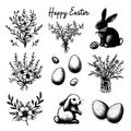 A set of black and white drawings of Easter flowers, eggs, and rabbits Royalty Free Stock Photo