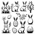 A set of black and white drawings rabbits and flowers Royalty Free Stock Photo