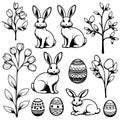 A set black and white drawings of rabbits and flowers Royalty Free Stock Photo