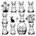 A set black and white drawings of rabbits and flowers Royalty Free Stock Photo