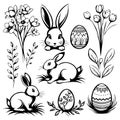 A set of black and white drawings rabbits and flowers Royalty Free Stock Photo