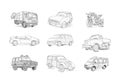 Set of black and white drawings of transports. Imaginary illustration of automobiles, cars and motorbike. Hand-drawn doodle pencil