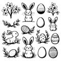 A set black and white Easter bunny and egg illustrations Royalty Free Stock Photo