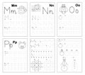 Set of black and white educational pages on line for kids. Learn to trace alphabet letters. Royalty Free Stock Photo