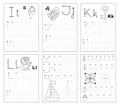 Set of black and white educational pages on line for kids. Learn to trace alphabet letters. Royalty Free Stock Photo