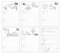 Set of black and white educational pages on line for kids. Learn to trace alphabet letters. Royalty Free Stock Photo