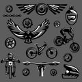 Set of black and white elements on a mountain bike and extreme sport. Helmet, sunglasses, camera, eagle, fly, wings Royalty Free Stock Photo