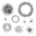 Set of black and white fireworks radiating from the center of thin beams, lines. Abstract explosion, speed motion lines from the m